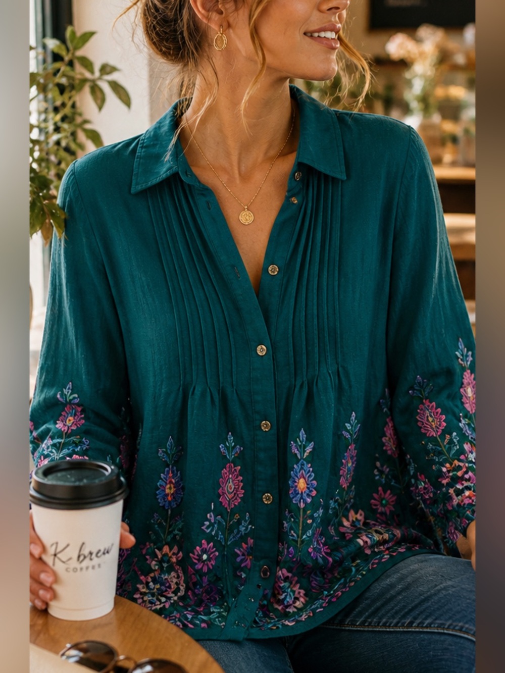Embroidered Teal Boho Blouse S | Pintuck‎ Top Anthropologie Style Boutique Chic